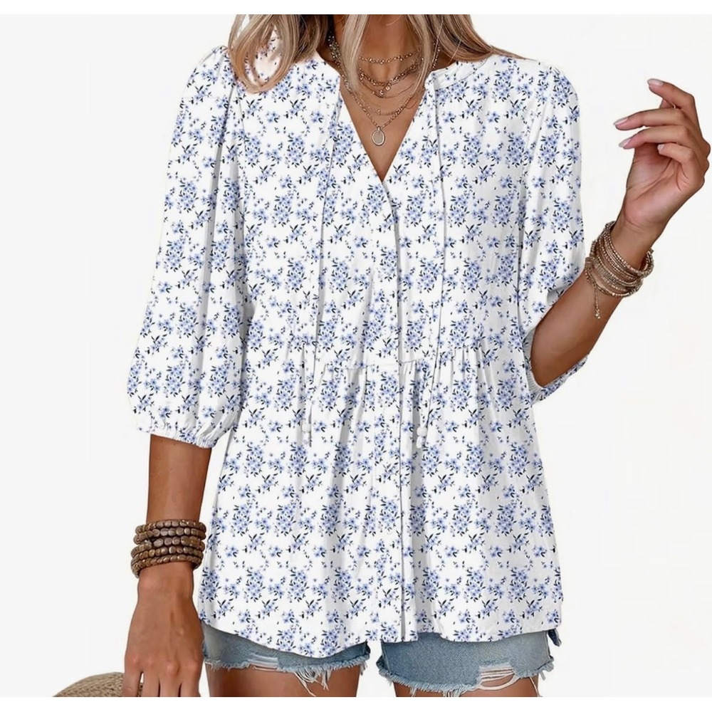 Dokotoo Women Blue Floral V-Neck Babydoll Blouse Tie Front Top